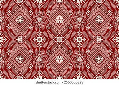 Geometric ethnic oriental seamless pattern,geometric floral seamless pattern,floral cross stitch pattern on red background,vector illustration,abstract background.design for texture,fabric,clothing