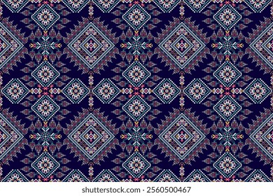 Geometric ethnic oriental seamless pattern,geometric floral seamless pattern,floral cross stitch pattern on blue background,vector illustration,abstract background.design for texture,fabric,clothing