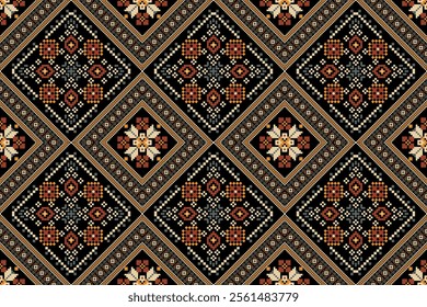 Geometric ethnic oriental seamless pattern,geometric floral seamless pattern,floral cross stitch pattern on black background,vector illustration,abstract background.design for texture,fabric,clothing