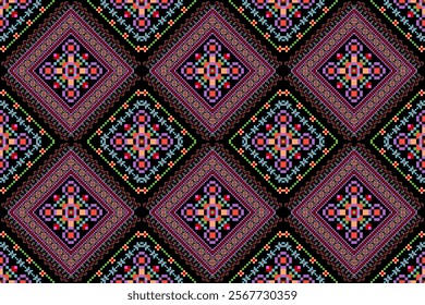 Geometric ethnic oriental seamless pattern,geometric floral seamless pattern,floral cross stitch pattern on black background,vector illustration,abstract background.design for texture,fabric,clothing