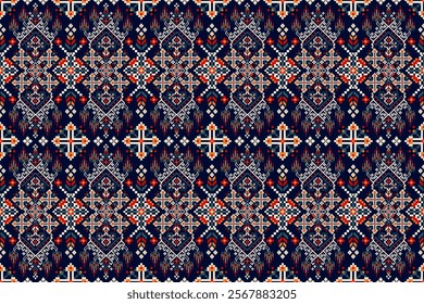 Geometric ethnic oriental seamless pattern,geometric floral seamless pattern,floral cross stitch pattern on black background,vector illustration,abstract background.design for texture,fabric,clothing