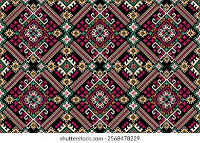 Geometric ethnic oriental seamless pattern,geometric floral seamless pattern,floral cross stitch pattern on black background,vector illustration,abstract background.design for texture,fabric,clothing