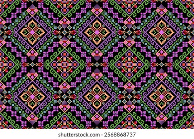 Geometric ethnic oriental seamless pattern,geometric floral seamless pattern,floral cross stitch pattern on black background,vector illustration,abstract background.design for texture,fabric,clothing