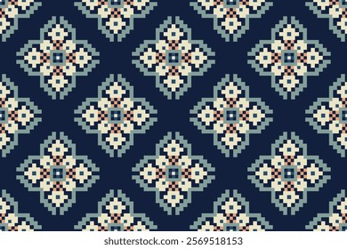 Geometric ethnic oriental seamless pattern,geometric floral seamless pattern,floral cross stitch pattern on blue background,vector illustration,abstract background.design for texture,fabric,clothing