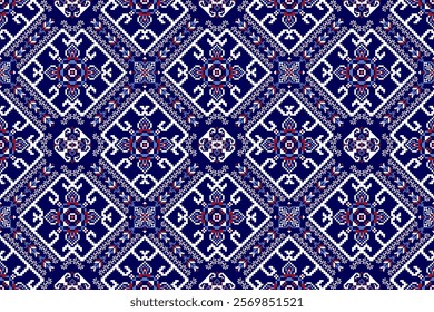 Geometric ethnic oriental seamless pattern,geometric floral seamless pattern,floral cross stitch pattern on blue background,vector illustration,abstract background.design for texture,fabric,clothing