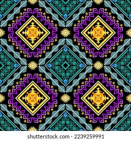 Geometric ethnic oriental traditional art pattern on black background .Figure tribal embroidery style.Design for ethnic background,wallpaper,clothing,wrapping,fabric,element,sarong,vector illustration