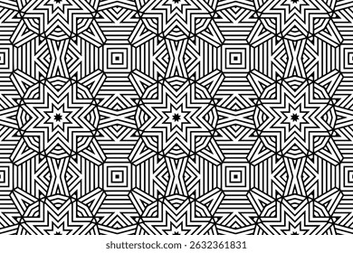 Geometric ethnic original black white pattern. Template, stencil suitable for laser cutting of metal, wood carving, coloring, stained glass. Ornaments of the East, Asia, India, Mexico, Aztec, Peru.