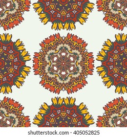 Geometric ethnic ornament seamless pattern. Endless background for card template, greetings, invitations or posters with fiesta mandalas. pattern in the swatches panel.