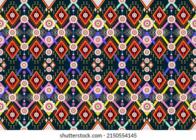 Geométrica étnica con estilo de patrón de flores pastel, Diseño para fondo, alfombra, papel pintado, ropa, envoltura, tela, vector, ilustración, impresión.
