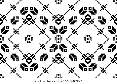 Geometric ethnic pattern in black and white. Abstract seamless of black pixel art. Concept of diamond shape, frame, botany, vintage, modern for background, wrap, wallpaper, textile, fashion, cloth.