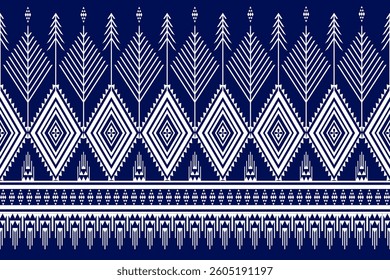 Geometric Ethnic Pattern in Blue, Indigo, seamless, motif, shapes, symmetry, chevron, diamonds, lines, Navajo, tribal, Aztec, for textiles, fabric, print, background, wallpaper, carpet, curtain, rug, 