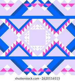 Padrão étnico geométrico em azul, rosa sobre fundo cinza. Tecido asteca. Perfeito para a textura ou decoração boho indian. Tecido tribal ameríndio, azulejos, tapetes. Design vetorial. Padrão árabe na janela.