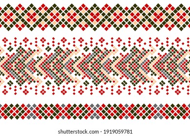 Se establecen cepillos de patrones étnicos geométricos.Patrón de Ucrania cruzado de costura bordada a mano.Diseño vectorial tradicional de estilo plano. El fondo decorativo se puede usar para papel pintado, rellenos de patrones, ropa.