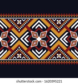 Geometric ethnic pattern colorful design on dark midnight navy background. Geometry abstract wallpaper for handcraft, carpet, clothing, fabric design.