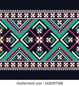 Geometric ethnic pattern colorful design on dark midnight navy background. Geometry abstract wallpaper for handcraft, carpet, clothing, fabric design.