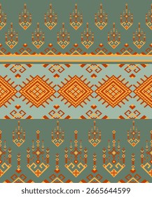 Padrão étnico geométrico colorido no design de fundo verde para tecido, tapete,
elementos tile,texture e background.Vetor para design.