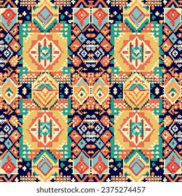 Patrón étnico geométrico, Cross Stitch, Pixel patrón, Diseño para ropa, tela, fondo, papel pintado, envoltura, batik, Knitwear, Embroidery style, arte geométrico azteca adorno impreso