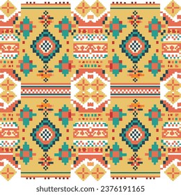 Geometric ethnic pattern, Cross Stitch, Pixel pattern, Design for clothing, fabric, background, wallpaper, wrapping, batik, Knitwear, Embroidery style, Aztec geometric art ornament print
