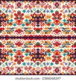 Geometric ethnic pattern, Cross Stitch, Pixel pattern, Design for clothing, fabric, background, wallpaper, wrapping, batik, Knitwear, Embroidery style, Aztec geometric art ornament print