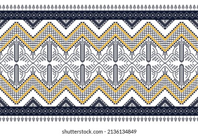 Geometric ethnic pattern. Design for background, fabric, clothing, rug, carpet, scarf, floor. Vector illustration. Blue, yellow and white motifs on white background.