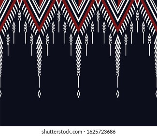 Geometric ethnic pattern design on dark midnight navy background. White, red geometry abstract wallpaper for handcraft, carpet, clothing, fabric design.