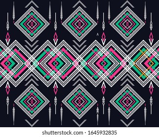 Geometric ethnic pattern design on dark midnight navy background. Geometry oriental abstract wallpaper for handcraft, carpet, clothing, fabric design with green, pink, white color. Vector illustration