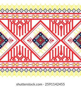 Geometric ethnic pattern design, red, navy blue, yellow, traditional handicraft, native american tribal fabric, used for textile, printing industry, tiles, carpets, vector, card, illustration design.