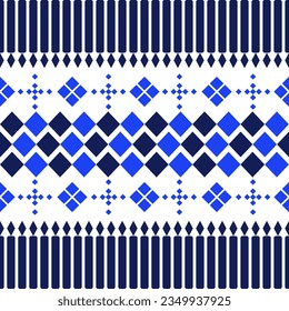 Geometric ethnic pattern design, repeat seamless, blue and white, for textile, cloth, carpet, scarf or other.