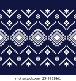 Geometric ethnic pattern design, repeat seamless, floral element, blue and white, for textile, cloth, carpet, scarf and other.