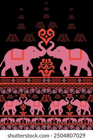 Geometric  ethnic pattern . Elephant cross-stitch work. Design for cross stitch  ethnic fabric motif 
Embroidery textile ornamentation. Hand stitched pattern.