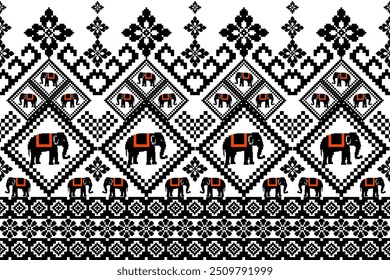 Padrão étnico geométrico . Ponto de cruz de elefante. Design para bordado bordado tecido étnico bordado ornamentação têxtil. Padrão costurado à mão.preto e branco