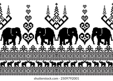 Geometric ethnic pattern . Elephant cross-stitch work. Design for cross stitch ethnic fabric motif Embroidery textile ornamentation. Hand stitched pattern.black and white
