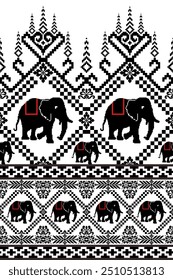 Geometrisches ethnisches Muster . Elefanten-Kreuzstich-Arbeit. Design für Kreuzstich ethnischen Stoff Motiv Stickerei Textil Ornamentation. Handgenähtes Muster.Text, Bekleidung, Strickwaren, Vintage
