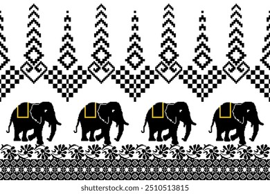 Geometric ethnic pattern . Elephant cross-stitch work. Design for cross stitch ethnic fabric motif Embroidery textile ornamentation. Hand stitched pattern.Text, Clothing, Knitwear, Vintage