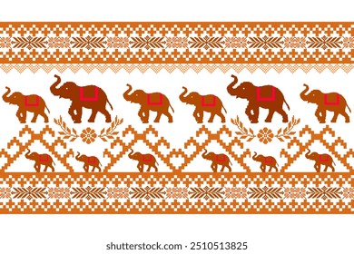 Geometric ethnic pattern . Elephant cross-stitch work. Design for cross stitch ethnic fabric motif Embroidery textile ornamentation. Hand stitched pattern.Text, Clothing, Knitwear, Vintage