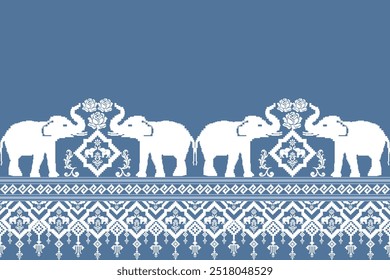 Geometric ethnic pattern . Elephant cross-stitch work. Design for cross stitch ethnic fabric motif Embroidery textile ornamentation. Hand stitched pattern.Elephant pixel