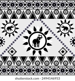 Geometric Ethnic pattern, Elephant Thai,
Native American tribal fabric, tile, carpet, vector,
Affinity design, on Black and White background