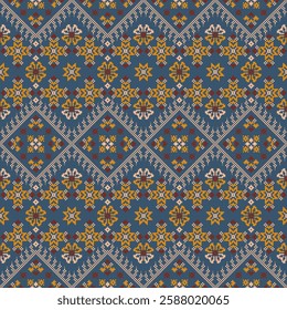 Geometric ethnic pattern, embroidery style. Design for clothing, fabric, wrapping, textile, batik, carpet, curtain, cushion, bedspread, decoration, cross stitch, patchwork, wallpaper and illustration.