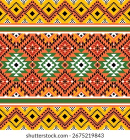 Geometrisches ethnisches Muster, Stoff, Fliese, Teppich, Vektor, Illustrationsdesign, auf gelbem, orangefarbenem und grünem Hintergrund