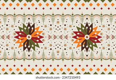 Geometric ethnic pattern with floral design. Native American motifs. Ethnic fabric background. Great for background, wallpaper, fabric, clothing, carpet, scarf, rug and wrapping. Vector design.