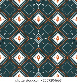 Geometric ethnic pattern with green and orange hues, perfect for Christmas and New Year themes. Ideal for backgrounds, wallpapers, textiles, rugs, clothing, and fashion.
