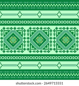 Patrón étnico geométrico Tonos verdes. Tela tribal nativa americana, Vector de diseño para la impresión textil tejida, azulejo, alfombra, tarjetas, motivos, libros ilustrados, adorno indio boho sin costuras suroeste azteca
