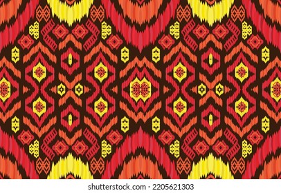 Geometrisches ethnisches Muster. Ikat , Strickstoff. Rote quadratische Kleidung, Teppichboden, Handwerk 