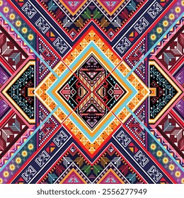 Geometric ethnic pattern Ikat Traditional vintage style with colorful design for clothes, fabric, batik, wrapping. Vector illustration, embroidery, border, background.