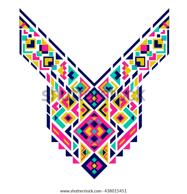 幾何学的な民族柄 メキシコとアステカの首の印刷 布の胸部部族の刺しゅう 刺しゅう 衣服のエスニックプリント ベクターイラスト のベクター画像素材 ロイヤリティフリー