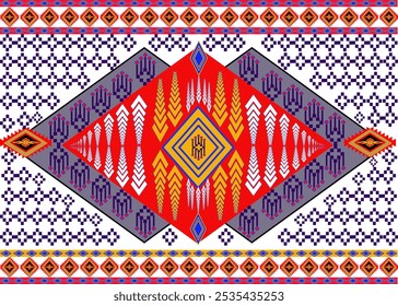 Geometrisches ethnisches Muster,
Indianerstamm Stoff, Fliese, Teppich, Vektor,
Illustrationsdesign auf marineblauem Hintergrund