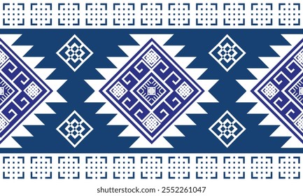 Patrón étnico geométrico,
Tela tribal americana nativa, azulejo, alfombra, Vector,
Diseño de ilustración, sobre fondo azul marino
