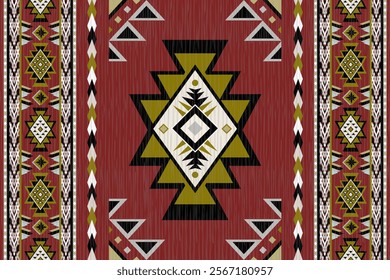 Geometric Ethnic pattern, 
Native American tribal fabric, tile, carpet, vector, 
illustration design, on red background