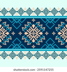 Geometric Ethnic pattern. Native American tribal fabric . Light blue, green, navy blue background. Seamless knit pattern with floral elements. Suitable for textiles and prints, carpet, vector.