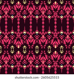 Geometric ethnic pattern, Native American tribal fabric, pink, yellow on dark background. Floral fabric pattern, perfect for fabric or wallpaper design. Seamless classic damask pattern. tile, carpet